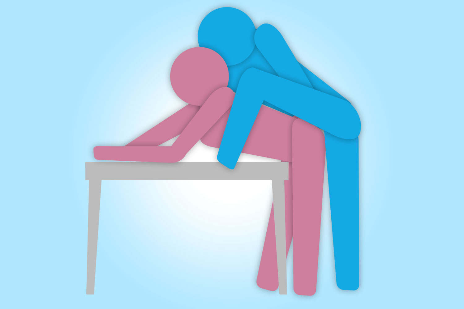 The easiest position involves the woman leaning over a table while her partner lifts his leg onto it